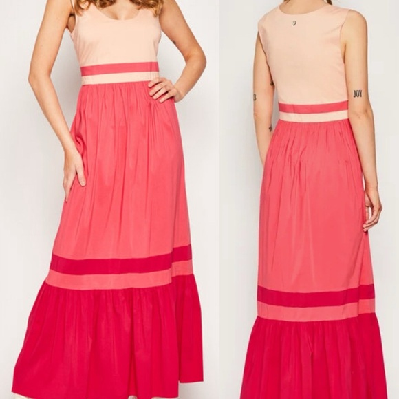 My Twin | Cotton Maxi Ruffle Dress | Pleated Pink Color Block | Women’s L - Picture 1 of 7